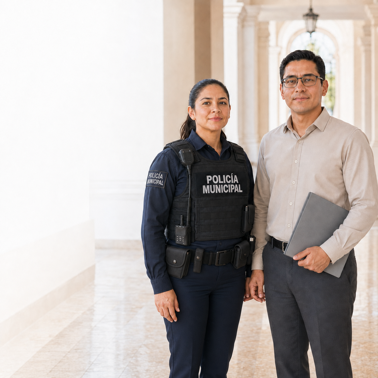 Policía municipal y trabajador administrativo